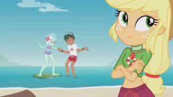 Size: 3410x1920 | Tagged: safe, screencap, applejack, lyra heartstrings, timber spruce, equestria girls, g4, my little pony equestria girls: better together, turf war, applejack's hat, beach, belly button, cowboy hat, crossed arms, female, geode of super strength, hat, high res, jewelry, lifeguard applejack, lifeguard timber, magical geodes, male, necklace, sleeveless, smiling