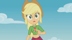 Size: 3410x1920 | Tagged: safe, screencap, applejack, equestria girls, g4, my little pony equestria girls: better together, turf war, applejack's hat, belly button, cowboy hat, female, geode of super strength, hat, high res, jewelry, lifeguard applejack, magical geodes, necklace, open mouth, solo