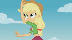 Size: 3410x1920 | Tagged: safe, screencap, applejack, equestria girls, g4, my little pony equestria girls: better together, turf war, applejack's hat, cowboy hat, female, geode of super strength, hat, high res, jewelry, lifeguard applejack, magical geodes, necklace, smiling, solo