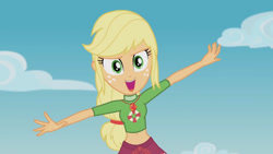 Size: 3410x1920 | Tagged: safe, screencap, applejack, equestria girls, g4, my little pony equestria girls: better together, turf war, belly button, female, geode of super strength, high res, jewelry, lifeguard applejack, magical geodes, necklace, open mouth, solo