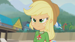 Size: 3410x1920 | Tagged: safe, screencap, applejack, equestria girls, g4, my little pony equestria girls: better together, turf war, >:), applejack's hat, beach, clothes, cowboy hat, determined smile, female, geode of super strength, hat, high res, jewelry, lifeguard applejack, magical geodes, necklace, shirt, smiling, solo, stetson, wet clothes, wet shirt