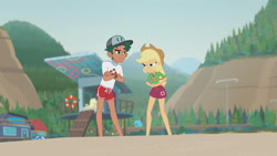 Size: 3410x1920 | Tagged: safe, screencap, applejack, timber spruce, equestria girls, g4, my little pony equestria girls: better together, turf war, applejack's hat, beach, cowboy hat, crossed arms, female, geode of super strength, hand on hip, hat, high res, jewelry, lifeguard applejack, lifeguard timber, magical geodes, male, necklace, smiling