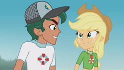Size: 3410x1920 | Tagged: safe, screencap, applejack, timber spruce, equestria girls, g4, my little pony equestria girls: better together, turf war, applejack's hat, beach, cowboy hat, female, geode of super strength, grin, hat, high res, jewelry, lifeguard applejack, lifeguard timber, looking at each other, magical geodes, male, necklace, smiling, smiling at each other