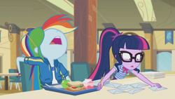 Size: 3410x1920 | Tagged: safe, screencap, rainbow dash, sci-twi, twilight sparkle, equestria girls, equestria girls series, g4, the last day of school, apple, bowtie, clothes, female, food, geode of super speed, geode of telekinesis, glasses, high res, hoodie, jewelry, magical geodes, milk, necklace, nose in the air, open mouth, ponytail, sandwich, sunglasses