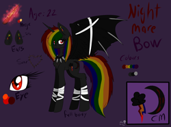 Size: 2884x2148 | Tagged: safe, artist:candysugarskullgirl9, oc, oc only, oc:nightmare bow, alicorn, pony, bandage, bandaged leg, bandaged wing, bat wings, choker, cutie mark, ear piercing, female, high res, horn, magic, multicolored hair, piercing, princess, purple background, rainbow hair, rainbow tail, scar, simple background, solo, spiked choker, tail, tattoo, text, wings