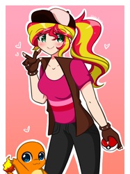 Size: 3440x4605 | Tagged: safe, artist:kittyrosie, sunset shimmer, charmander, human, equestria girls, g4, :3, baseball cap, blushing, cap, clothes, crossover, cute, duo, female, fingerless gloves, gloves, hat, heart eyes, humanized, jeans, pants, peace sign, poké ball, pokémon, pokémon trainer, ponytail, redraw, shimmerbetes, vest, wingding eyes
