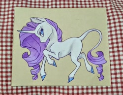 Size: 3390x2615 | Tagged: safe, artist:twixyamber, rarity, classical unicorn, pony, unicorn, g4, cloven hooves, female, high res, horn, leonine tail, mare, missing cutie mark, solo, traditional art, watercolor painting