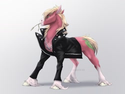 Size: 2000x1500 | Tagged: safe, artist:dementra369, big macintosh, earth pony, pony, g4, ac/dc, chains, chest fluff, clothes, coat markings, colored hooves, horseshoes, jacket, jewelry, leather jacket, metallica, necklace, pale belly, pin, rammstein, rocker, socks (coat markings), solo, unshorn fetlocks