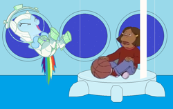 Size: 1008x636 | Tagged: safe, artist:guihercharly, rainbow dash, g4, arthur, astrodash, astronaut, basketball, captured, clothes, costume, crossover, francine frensky, glass tube, laughing, sad, space helmet, spaceship, spacesuit, sports