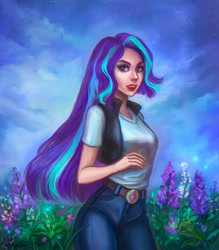 Size: 2098x2400 | Tagged: safe, artist:evivan, starlight glimmer, human, g4, belt, female, flower, high res, humanized, loose hair, open mouth, solo