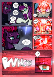 Size: 2480x3508 | Tagged: safe, artist:dsana, fizzlepop berrytwist, tempest shadow, oc, oc:fireweed, oc:thistledown, earth pony, pony, unicorn, comic:a storm's lullaby, g4, broken horn, comic, female, high res, horn, male, mare, scar, stallion