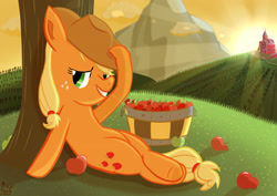 Size: 3508x2480 | Tagged: safe, artist:ace play, applejack, earth pony, pony, g4, apple, apple tree, applejack's hat, bucket, cowboy hat, cowgirl, crossed legs, female, food, grin, hat, high res, looking at you, mare, obligatory apple, sitting, smiling, solo, straw in mouth, sun beam, sweet apple acres, tree, underhoof