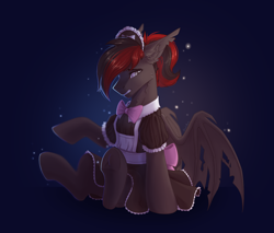Size: 4880x4152 | Tagged: safe, artist:dorkmark, oc, oc only, oc:shadow sky, bat pony, pony, undead, zombie, zombie pony, absurd resolution, awkward, clothes, crossdressing, dress, ear fluff, feathered wings, frog (hoof), gritted teeth, maid, male, neck fluff, solo, torn wings, underhoof, wings
