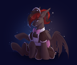 Size: 4880x4152 | Tagged: safe, artist:dorkmark, oc, oc only, oc:shadow sky, bat pony, pony, undead, zombie, zombie pony, absurd resolution, awkward, clothes, crossdressing, dress, ear fluff, feathered wings, frog (hoof), gritted teeth, holes in wings, maid, male, neck fluff, solo, torn wings, underhoof, wings