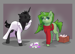 Size: 2500x1800 | Tagged: safe, artist:joan-grace, oc, oc only, changeling, pony, unicorn, abstract background, broken horn, changeling oc, clothes, facehoof, female, horn, lab coat, mare, music notes, smiling, unicorn oc, white changeling