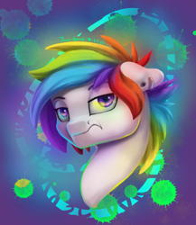 Size: 2000x2300 | Tagged: safe, artist:joan-grace, oc, oc only, earth pony, pony, abstract background, bust, frown, high res, multicolored hair, rainbow hair, solo