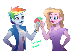 Size: 2912x2000 | Tagged: safe, artist:joan-grace, rainbow dash, oc, equestria girls, g4, clothes, cutie mark, cutie mark on clothes, duo, female, food, hand on hip, high res, ice cream, lipstick, signature, simple background, smiling, white background