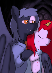 Size: 900x1252 | Tagged: safe, alternate version, artist:tranzmuteproductions, oc, oc only, oc:tranzmute, bat pony, pony, unicorn, bat pony oc, bat wings, duo, female, horn, hug, hug from behind, male, mare, phantom of the opera, smiling, stallion, unicorn oc, wings