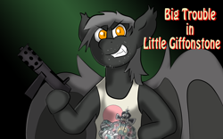 Size: 1440x900 | Tagged: safe, artist:tranzmuteproductions, oc, oc only, oc:tranzmute, bat pony, pony, bat pony oc, bat wings, big trouble in little china, bust, clothes, gritted teeth, gun, hoof hold, male, smiling, smirk, solo, stallion, tec-9, weapon, wings
