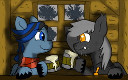 Size: 1440x900 | Tagged: safe, artist:tranzmuteproductions, oc, oc only, oc:tranzmute, bat pony, bear, pegasus, pony, bat pony oc, bust, clothes, duo, hoof hold, indoors, male, pegasus oc, scarf, smiling, stallion, unshorn fetlocks