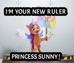 Size: 720x616 | Tagged: safe, edit, edited screencap, screencap, sunny starscout, earth pony, pony, g5, my little pony: a new generation, 3d, alicorn costume, clothes, costume, cute, fake horn, fake wings, female, hilarious in hindsight, mare, sign