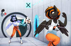 Size: 2300x1504 | Tagged: safe, artist:mrscroup, oc, oc only, oc:mayday, oc:skiu, pegasus, anthro, unguligrade anthro, aperture science, boots, bullet, camera, clothes, co-op, commission, crossover, crying, door, duo, eyebrows, firing, green eyes, long fall horseshoe, looking at each other, looking back, multicolored hair, multicolored mane, open mouth, orange eyes, pegasus oc, portal, portal (valve), portal 2, portal gun, running, running away, shadow, shoes, skiuday, spread wings, surprised, sweat, sweatdrop, tank top, teeth, this will end in pain, turret, wings