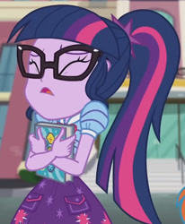 Size: 1434x1737 | Tagged: safe, screencap, sci-twi, twilight sparkle, equestria girls, g4, my little pony equestria girls: better together, the last day of school, book, cropped, eyes closed, female, glasses, solo