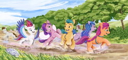 Size: 2983x1406 | Tagged: safe, artist:rachael saunders, hitch trailblazer, izzy moonbow, pipp petals, sunny starscout, zipp storm, earth pony, pegasus, pony, unicorn, g5, my little pony: a new generation, official, background pony, cloud, crystal, female, grass, looking at each other, looking up, male, mane five, painting, path, running, sky, smiling, smiling at each other, spread wings, traditional art, tree, wings