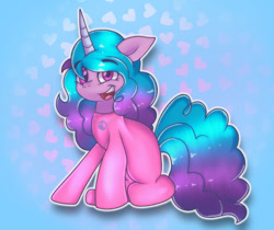 Size: 1024x860 | Tagged: safe, artist:doraeartdreams-aspy, izzy moonbow, pony, unicorn, g5, bodysuit, catsuit, clothes, cute, digital art, eyebrows, eyebrows visible through hair, female, heart, hippie, izzybetes, jewelry, latex, latex suit, light blue background, looking at you, mare, necklace, open mouth, open smile, peace suit, peace symbol, rubber suit, simple background, sitting, smiling, smiling at you, solo