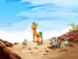 Size: 2357x1779 | Tagged: safe, artist:rachael saunders, hitch trailblazer, earth pony, pony, rabbit, g5, my little pony: a new generation, official, animal, critter magnet, male, painting, stallion, traditional art