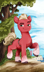 Size: 1606x2611 | Tagged: safe, artist:rachael saunders, sprout cloverleaf, earth pony, pony, g5, my little pony: a new generation, official, male, painting, raised hoof, sash, smiling, solo, stallion, traditional art, unshorn fetlocks