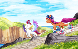 Size: 2583x1624 | Tagged: safe, artist:rachael saunders, sunny starscout, zipp storm, earth pony, pegasus, pony, g5, my little pony: a new generation, official, helmet, painting, roller skates, traditional art