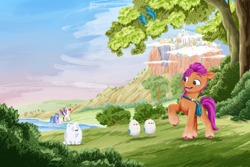 Size: 2502x1676 | Tagged: safe, artist:rachael saunders, cloudpuff, izzy moonbow, sunny starscout, zipp storm, bird, dog, earth pony, flying pomeranian, pegasus, pomeranian, pony, unicorn, g5, my little pony: a new generation, official, painting, traditional art, winged dog, zephyr heights