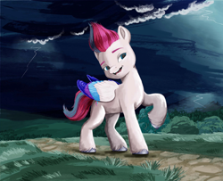 Size: 2274x1844 | Tagged: safe, artist:rachael saunders, zipp storm, pegasus, pony, g5, my little pony: a new generation, official, female, lightning, mare, painting, raised hoof, solo, storm, traditional art