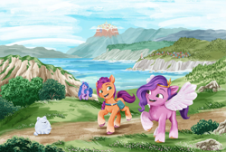 Size: 2497x1680 | Tagged: safe, artist:rachael saunders, cloudpuff, izzy moonbow, pipp petals, sunny starscout, dog, earth pony, flying pomeranian, pegasus, pomeranian, pony, g5, my little pony: a new generation, official, maretime bay, painting, traditional art, winged dog, zephyr heights