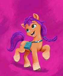 Size: 1874x2238 | Tagged: safe, artist:rachael saunders, sunny starscout, earth pony, pony, g5, my little pony: a new generation, official, abstract background, female, mare, open mouth, open smile, painting, smiling, solo, traditional art
