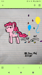 Size: 1440x2560 | Tagged: safe, artist:nightshadowmlp, pinkie pie, earth pony, pony, g4, balloon, confetti, female, google keep, lined paper, mare, ponk, solo