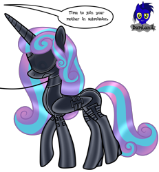Size: 3840x4154 | Tagged: safe, artist:damlanil, princess flurry heart, alicorn, pony, series:becoming submissive, g4, bdsm, blindfold, bondage, bondage mask, boots, bound wings, catsuit, clothes, collar, commission, corset, female, gag, gimp suit, high heels, hood, horn, implied discord, latex, latex boots, latex suit, leash, link in description, mare, muzzle gag, older, older flurry heart, raised leg, rubber, rubber suit, shiny, shiny mane, shoes, show accurate, simple background, socks, solo, story, story included, thigh highs, transparent background, vector, wings