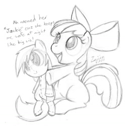 Size: 1459x1468 | Tagged: safe, artist:zajice, apple bloom, earth pony, pony, g4, apple bloom's bow, bow, dialogue, doll, female, filly, hair bow, looking up, monochrome, open mouth, open smile, sitting, smiling, solo, toy, traditional art
