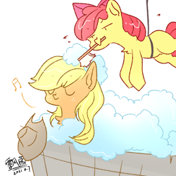 Size: 1080x1080 | Tagged: safe, artist:piaojun55154, apple bloom, applejack, earth pony, pony, g4, bath, eyes closed, female, filly, hat, mare, music notes, siblings, washing