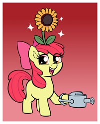 Size: 1872x2325 | Tagged: safe, artist:heretichesh, apple bloom, earth pony, pony, g4, female, filly, flower, open mouth, open smile, smiling, solo, sparkles, sunflower, watering can