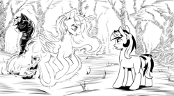 Size: 4256x2364 | Tagged: safe, artist:lexx2dot0, princess luna, oc, oc:blackjack, alicorn, pegasus, pony, unicorn, fallout equestria, fallout equestria: project horizons, series:ph together we reread, g4, black and white, butt, clone, clothes, fanfic art, female, grayscale, horn, jumpsuit, level 4 (alicorn eclipse) (project horizons), mare, monochrome, pipbuck, plot, small horn, vault security armor, vault suit
