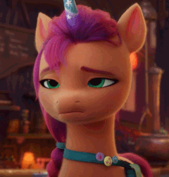 Size: 768x800 | Tagged: safe, screencap, sunny starscout, earth pony, pony, g5, my little pony: a new generation, spoiler:my little pony: a new generation, 3d, animated, eyebrows, fake horn, female, floppy ears, gif, green eyes, i watch it for the ears, lidded eyes, mare, one ear down, seriously?, solo, sunny starscout is not amused, talking, unamused