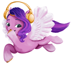 Size: 2048x1828 | Tagged: safe, artist:rachael saunders, pipp petals, pegasus, pony, g5, my little pony: a new generation, official, spoiler:my little pony: a new generation, adorapipp, cute, female, flying, headphones, simple background, solo, transparent background
