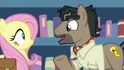 Size: 1920x1080 | Tagged: safe, screencap, doctor caballeron, fluttershy, earth pony, pegasus, pony, daring doubt, g4, ascot tie, bag, clothes, duo, female, male, mare, saddle bag, shirt, stallion