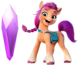 Size: 710x600 | Tagged: safe, sunny starscout, earth pony, pony, g5, my little pony: a new generation, official, crash bandicoot (series), crystal, female, looking at you, mare, open mouth, simple background, smiling, solo, white background