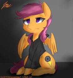 Size: 1024x1100 | Tagged: safe, artist:jovalic, scootaloo, pegasus, pony, fanfic:pegasus device, fanfic:rainbow factory, g4, absentia, absentia's cutie mark, alternate cutie mark, alternate ending, baggy hoodie, black hoodie, bored, clothes, dark background, empty eyes, evil, evil scootaloo, eviloo, eyelashes, factory absentia, factory scootaloo, fanfic art, female, filly, frown, grey outlines, hoodie, hoof fluff, lidded eyes, looking forward, pegasus device, purple eyes, purple mane, purple tail, rainbow factory worker scootaloo, shading, signature, sitting, small wings, solo, tail, wings