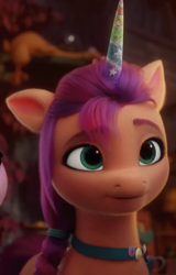 Size: 512x800 | Tagged: safe, screencap, sunny starscout, earth pony, pony, g5, my little pony: a new generation, spoiler:my little pony: a new generation, 3d, beautiful, fake horn, female, floppy ears, mare, smiling