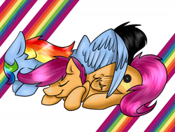 Size: 1280x960 | Tagged: safe, rainbow dash, scootaloo, pegasus, pony, fanfic:rainbow factory, g4, absentia, absentia's cutie mark, blue body, blue fur, cute, dyed tail, evil, evil rainbow dash, evil scootaloo, eviloo, eyes closed, factory absentia, factory scootaloo, fanfic art, female, happy, hug, large wings, lesbian, multicolored hair, orange body, orange fur, pseudoincest, purple mane, purple tail, rainbow, rainbow factory dash, rainbow factory worker scootaloo, rainbow factory workers, rainbow hair, rainbows, ship:scootadash, shipping, simple background, smiling, snuggling, tail, winghug, wings
