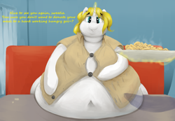 Size: 2746x1896 | Tagged: safe, artist:lupin quill, oc, oc:snow veil, pony, unicorn, series:snow helps herself (weight gain), bedroom eyes, belly, belly button, big belly, butt, chubby cheeks, clothes, dialogue, diner, double chin, fat, fat fetish, feedee, female, fetish, food, horn, large butt, levitation, lineless, lip bite, magic, morbidly obese, neck roll, obese, pasta, plate, plot, shirt, smiling, stuffed, table, talking to viewer, telekinesis, tight clothing, unicorn oc, waitress, wardrobe malfunction, weight gain, weight gain sequence, window